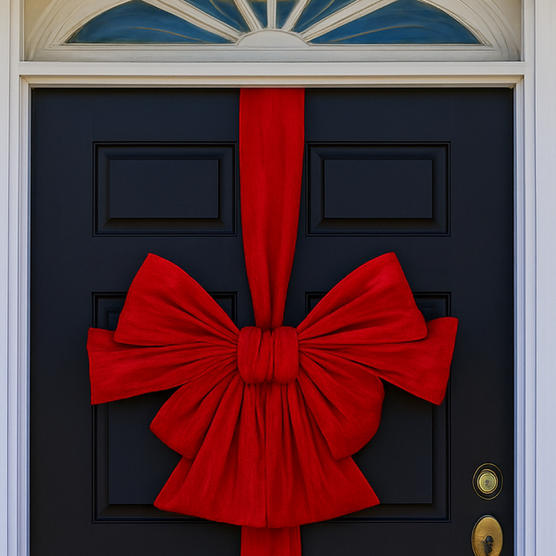 Black door with a large red bow decoration