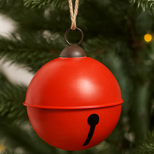 Red bell-shaped ornament hanging on a Christmas tree