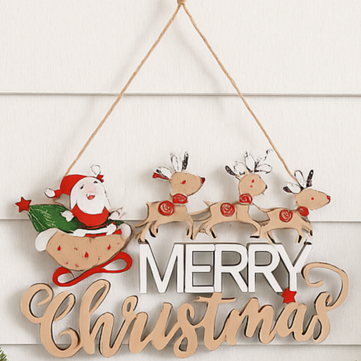Wooden Christmas decoration with Santa Claus and reindeer on a white background