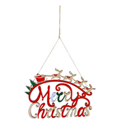 Hanging Christmas decoration with 'Merry Christmas' text and Santa Claus sleigh design on a white background.