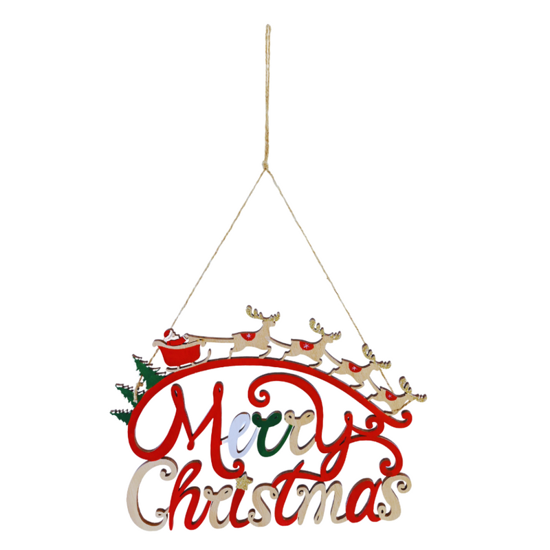 Hanging Christmas decoration with 'Merry Christmas' text and Santa Claus sleigh design on a white background.