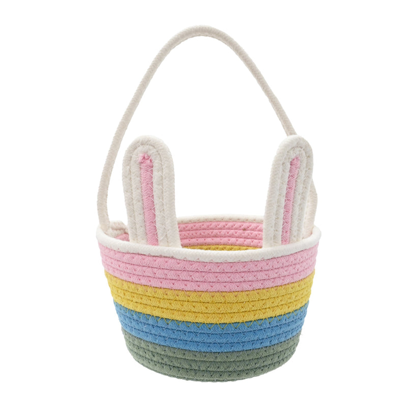 Cotton fabric basket with rainbow and bunny design
