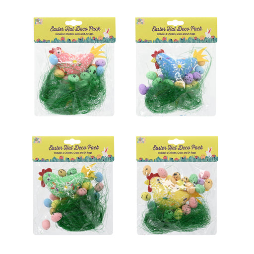 Assorted Easter hat decorations with chicks eggs and grass
