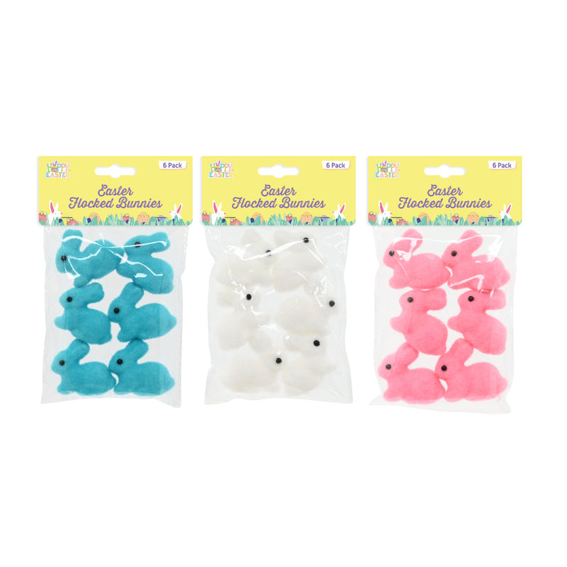 Pack of 6 flocked bunny figurines assorted