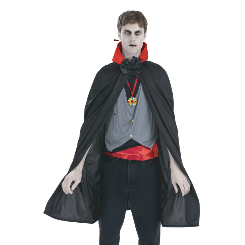 Adult vampire Halloween costume with cape vest bowtie belt and pendant