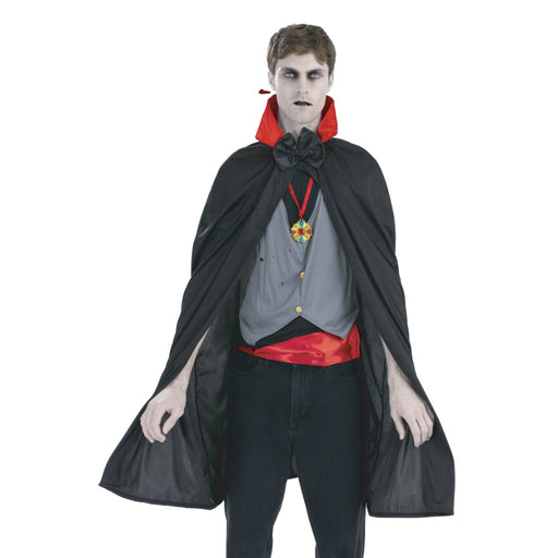 Adult vampire Halloween costume with cape vest bowtie belt and pendant