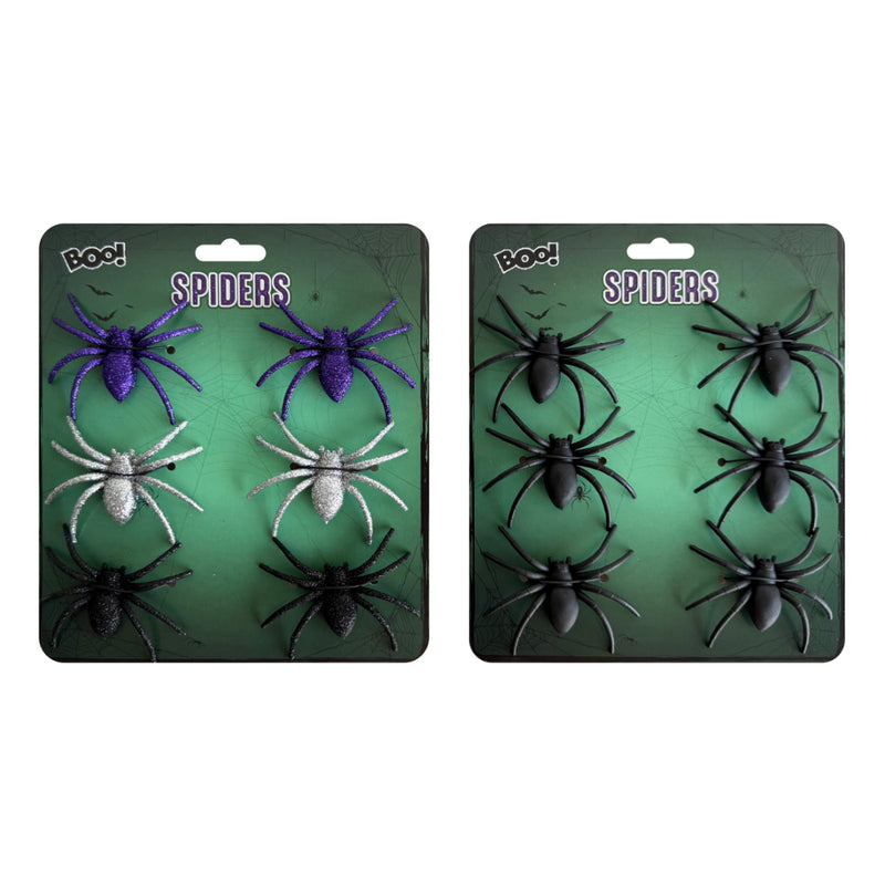 Six pack assorted plastic Halloween spider decorations