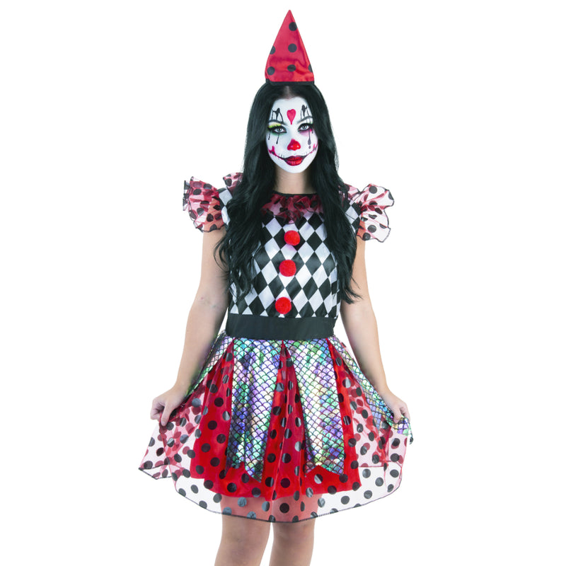 Adult Twisted Jester Halloween costume with dress and headband