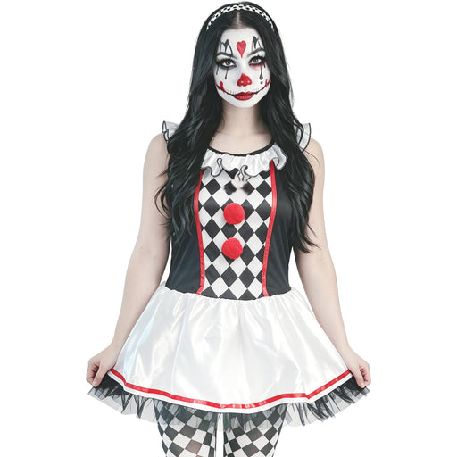 Adult Sinister Diamond Jester Halloween costume with dress and footless tights