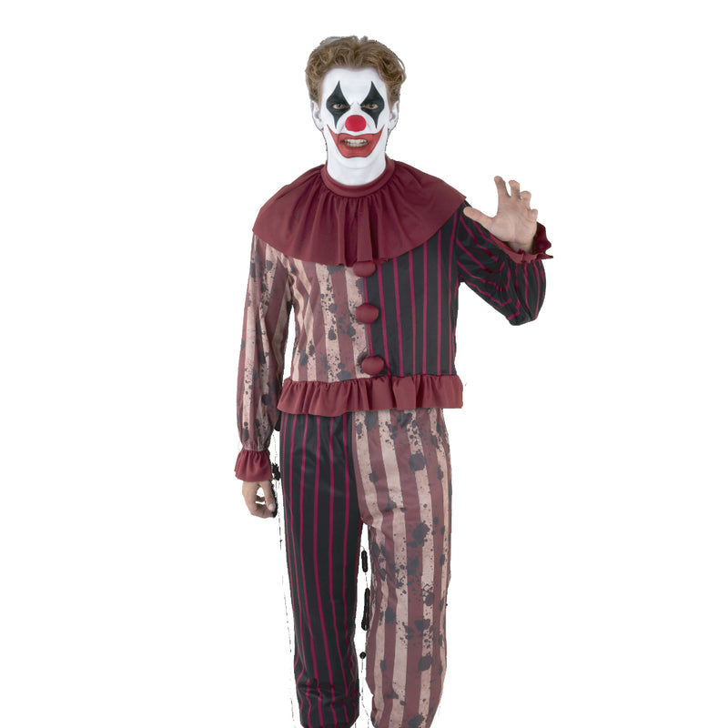 Adult creepy carnival clown Halloween costume with top pants and collar