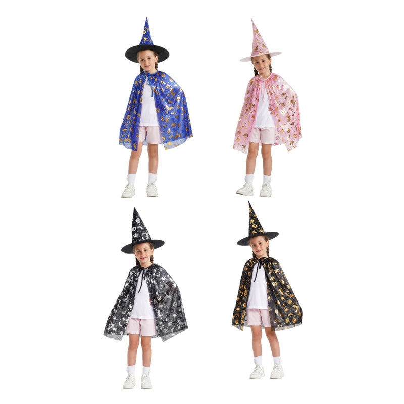 Assorted colourful kids witch cape and hat Halloween set