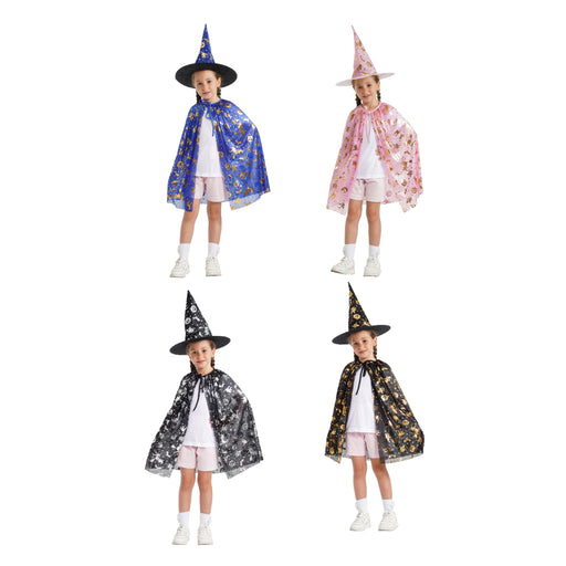 Assorted colourful kids witch cape and hat Halloween set