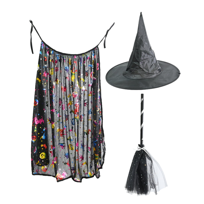Kids witch accessory set with hat broom and cape for Halloween
