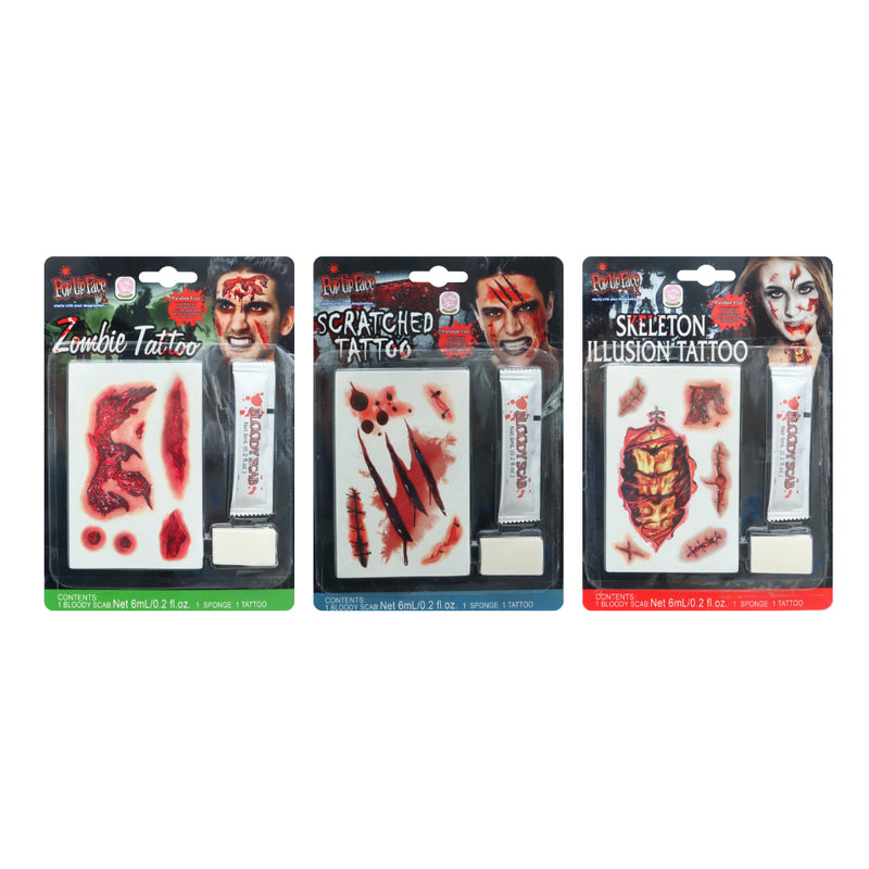 Assorted Halloween gory tattoo FX kit with blood sponge and tattoo sheet