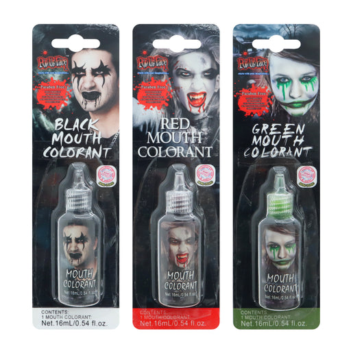 Assorted 16mL Halloween mouth colourant in red black and green