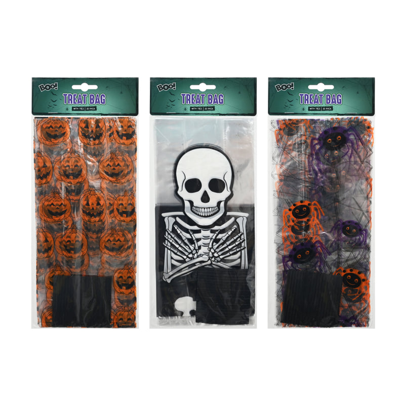 Assorted 27cm transparent Halloween treat bags with ties 20 pack