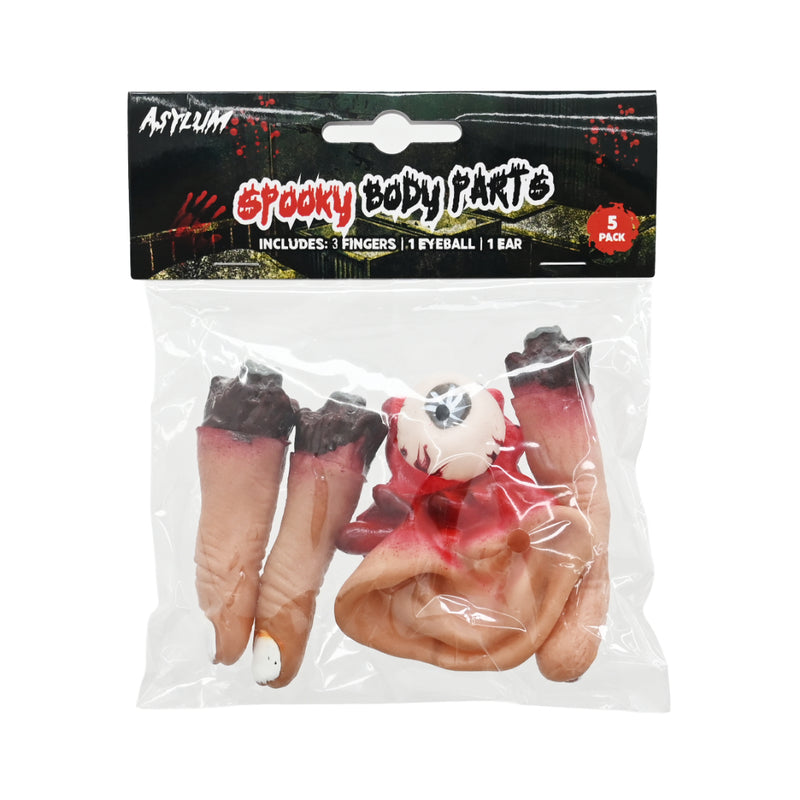 Five pack latex Halloween body parts with fingers eyeball and ear
