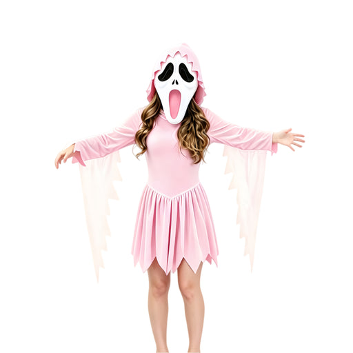 Kids pink scream Halloween costume with hooded dress and mask