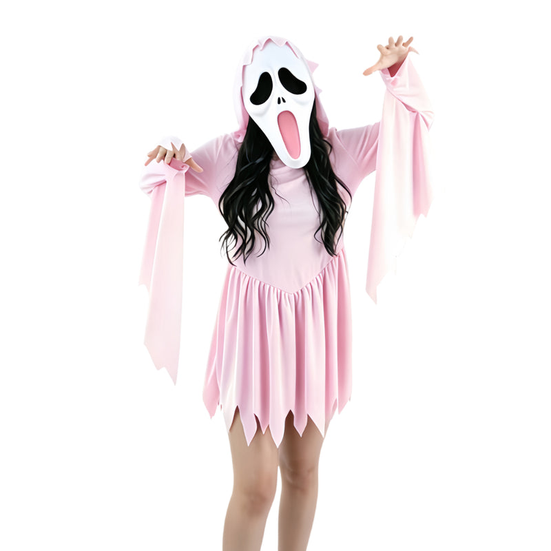 Adult pink scream Halloween costume with mask and dress