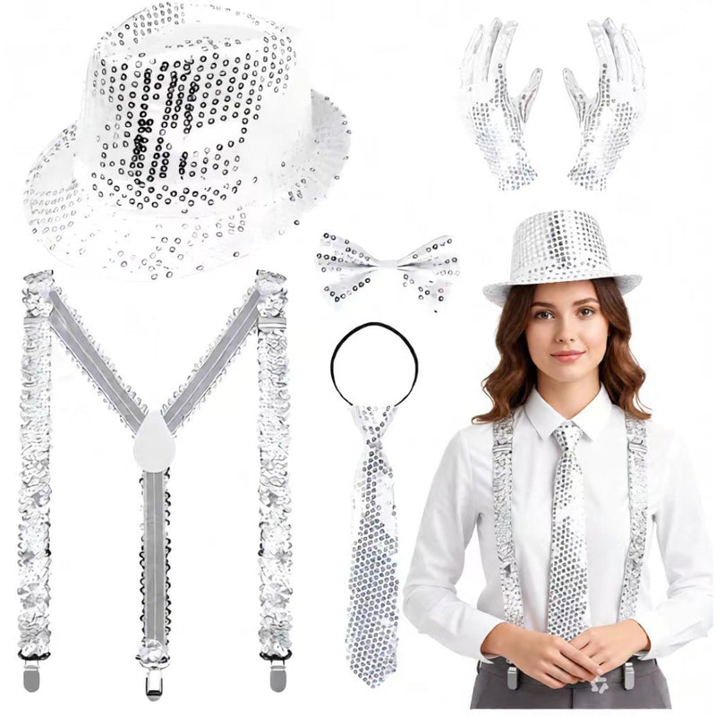 Disco dress up accessory set with hat suspenders bow tie and gloves