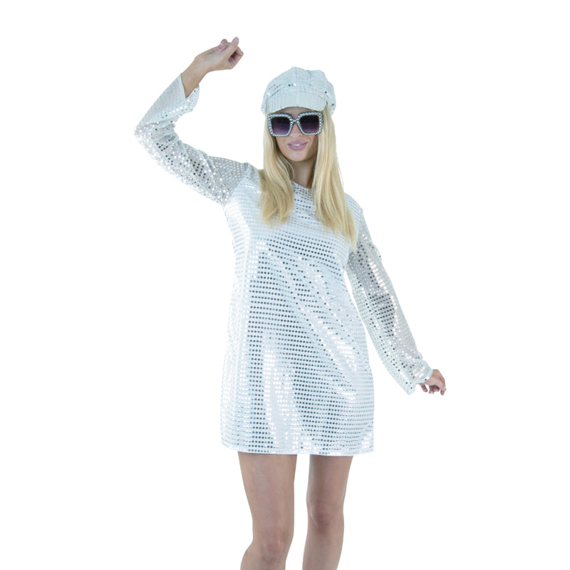 Adult Silver Diva costume with hat glasses earrings and dress