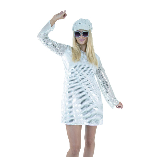 Adult Silver Diva costume with hat glasses earrings and dress