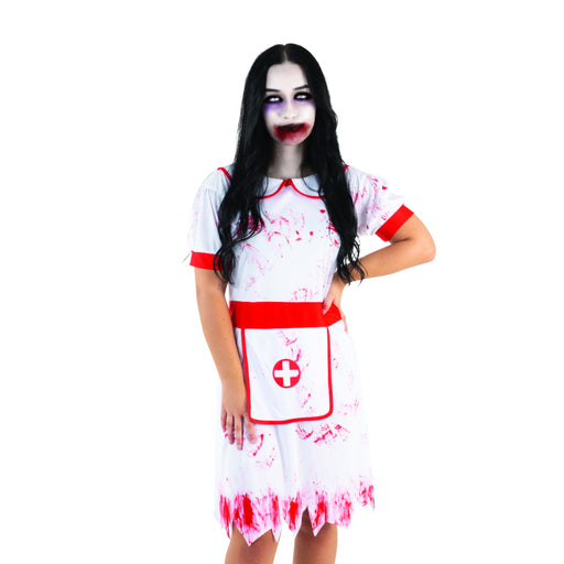 Adult Zombie Nurse Halloween costume with dress apron and headband