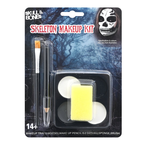 Skeleton Halloween makeup kit with black and white makeup pencil sponge and brush