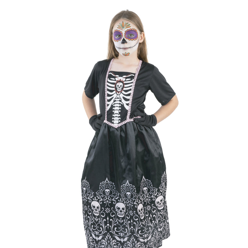 Kids skeleton princess Halloween costume with dress and gloves
