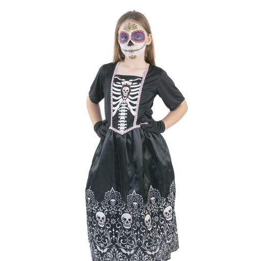 Kids skeleton princess Halloween costume with dress and gloves