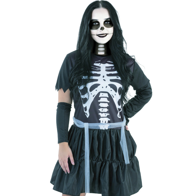 Adult ghoulish skeleton costume with dress sleevelets and belt
