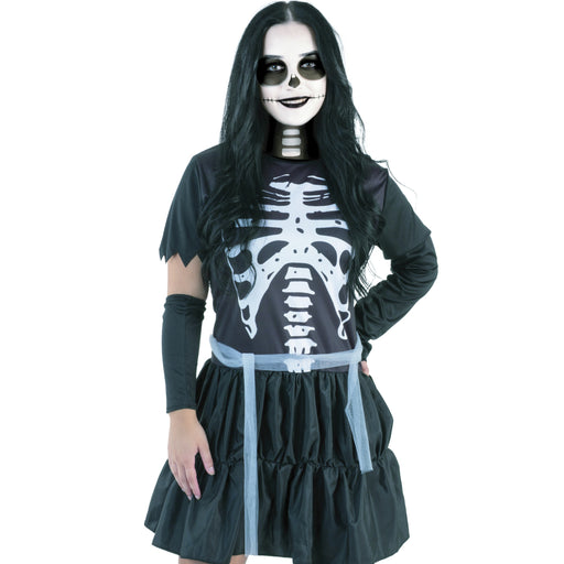 Adult ghoulish skeleton costume with dress sleevelets and belt