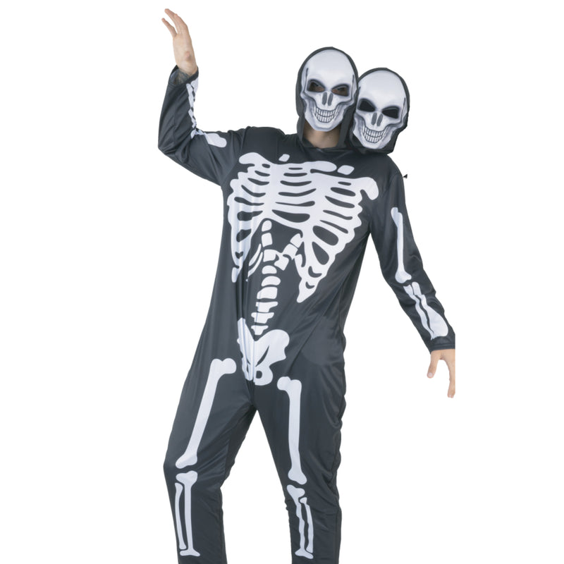 Adult double headed skeleton Halloween costume with jumpsuit and mask