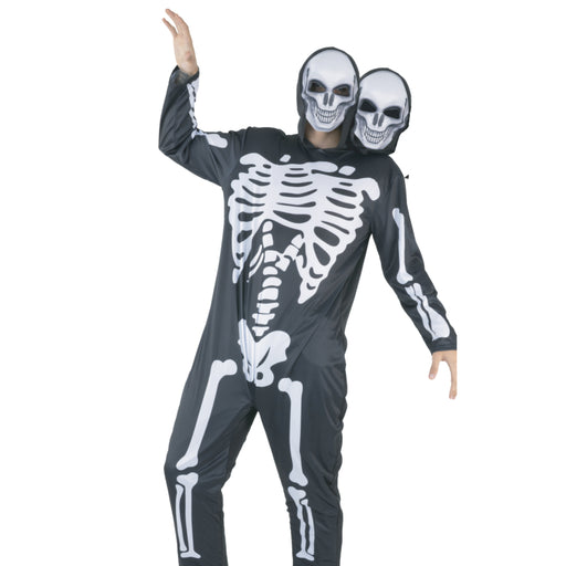 Adult double headed skeleton Halloween costume with jumpsuit and mask