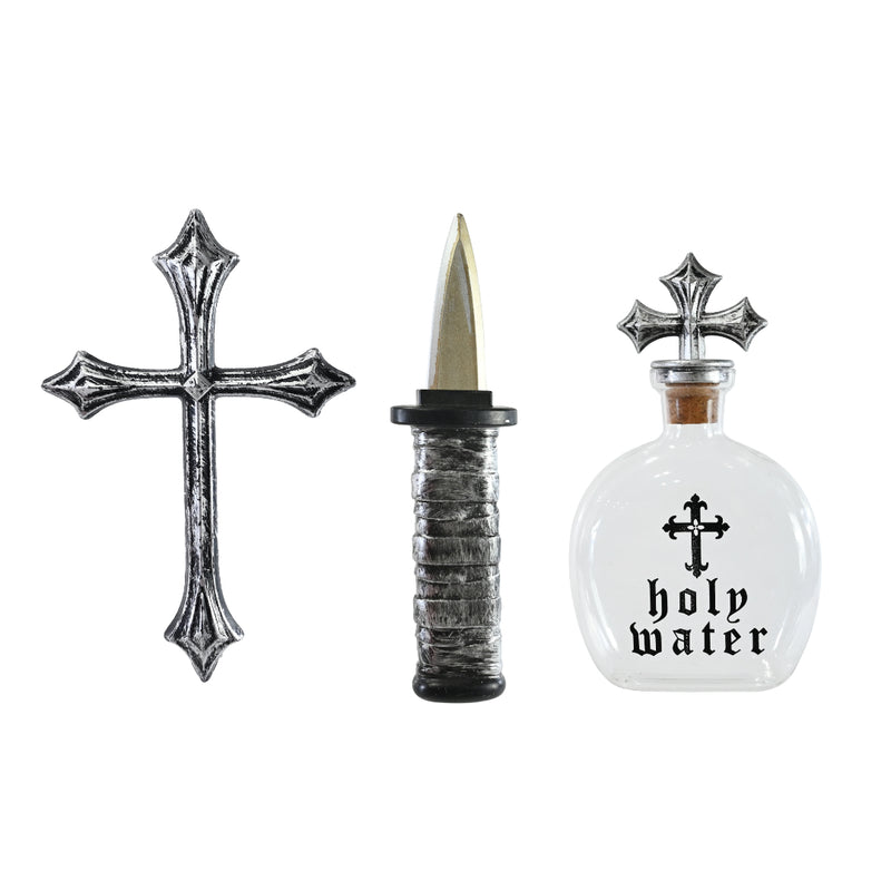 Plastic vampire hunter costume accessory set with novelty knife bottle and cross