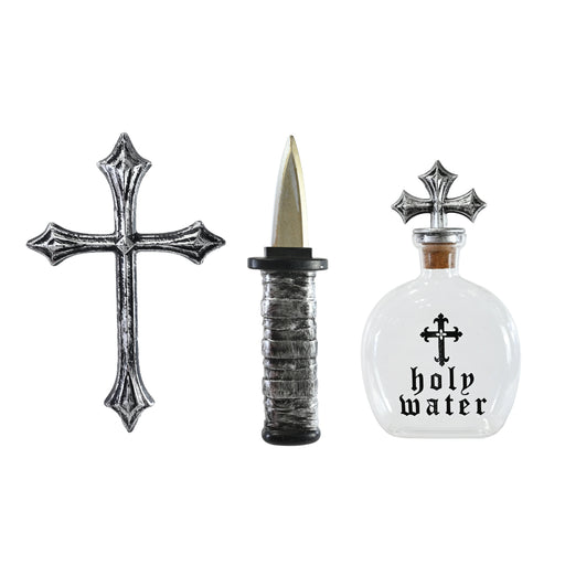 Plastic vampire hunter costume accessory set with novelty knife bottle and cross