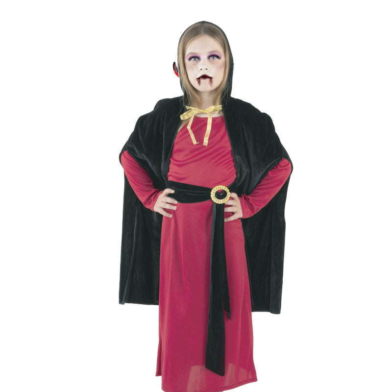 Kids Nightshade Vampiress Halloween costume with hooded cape dress and belt
