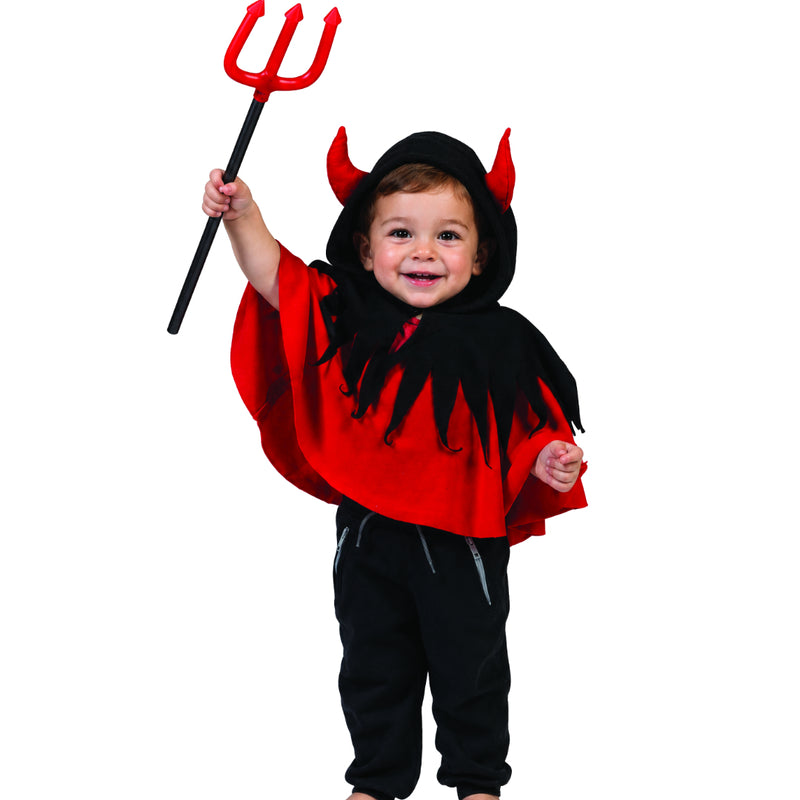 Toddler devil Halloween costume with hooded cape and trident