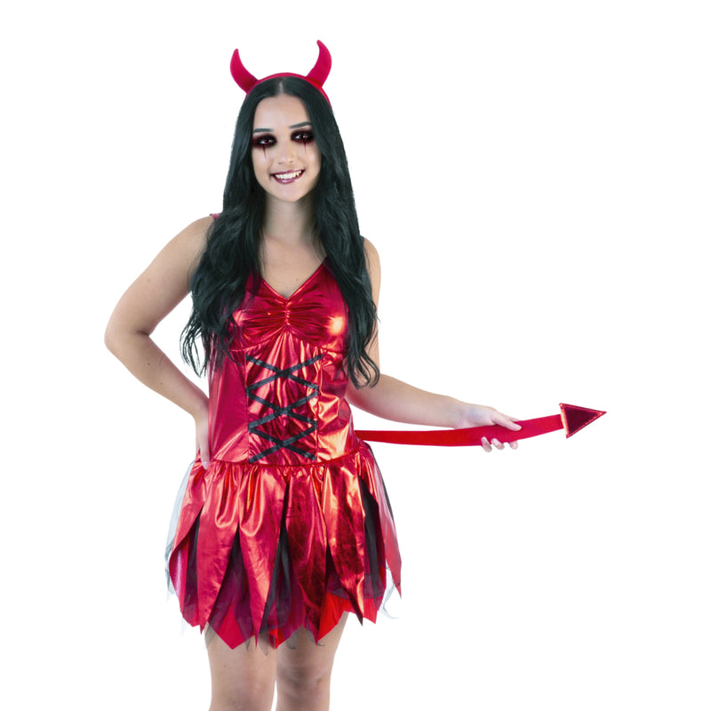 Adult Scarlet Inferno Devil costume with dress tail and headband