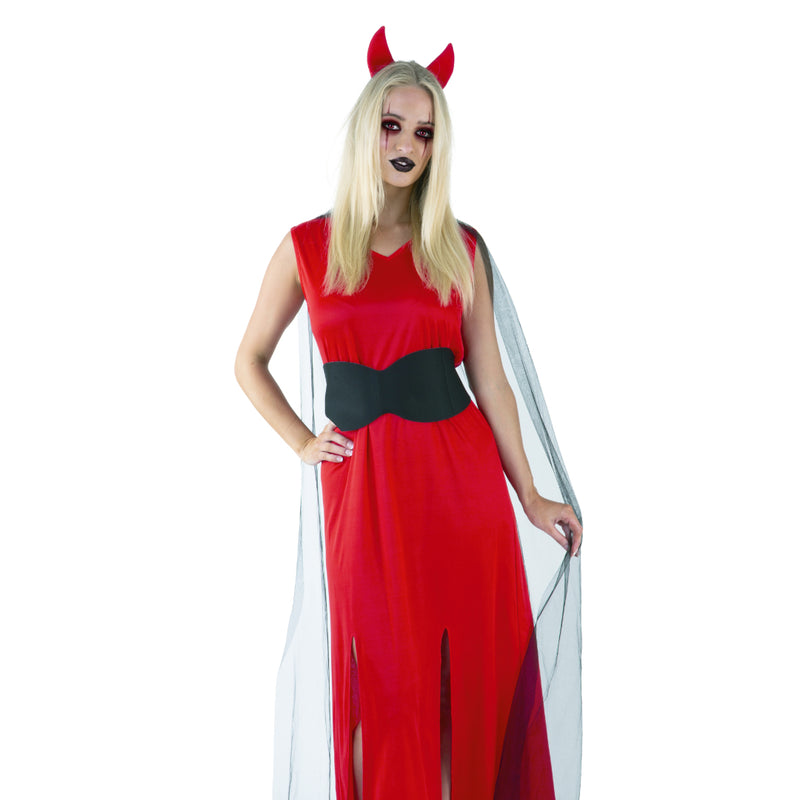 Adult fiery devil queen Halloween costume with dress headband and belt