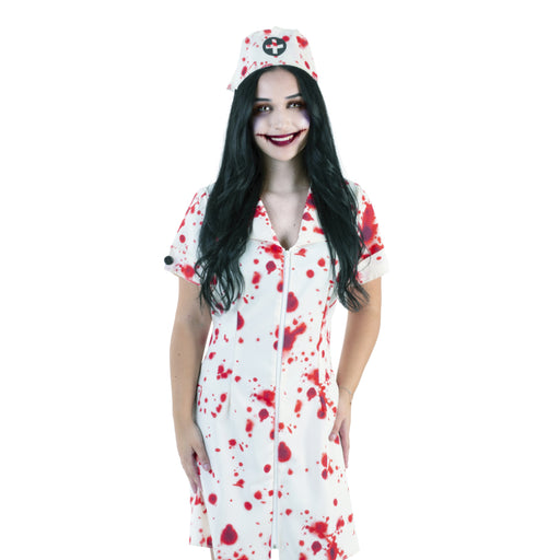 Adult bloody nurse Halloween costume with dress headband and mask