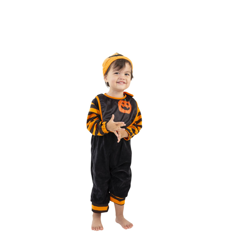 Toddler pumpkin Halloween costume with jumpsuit hat and bib