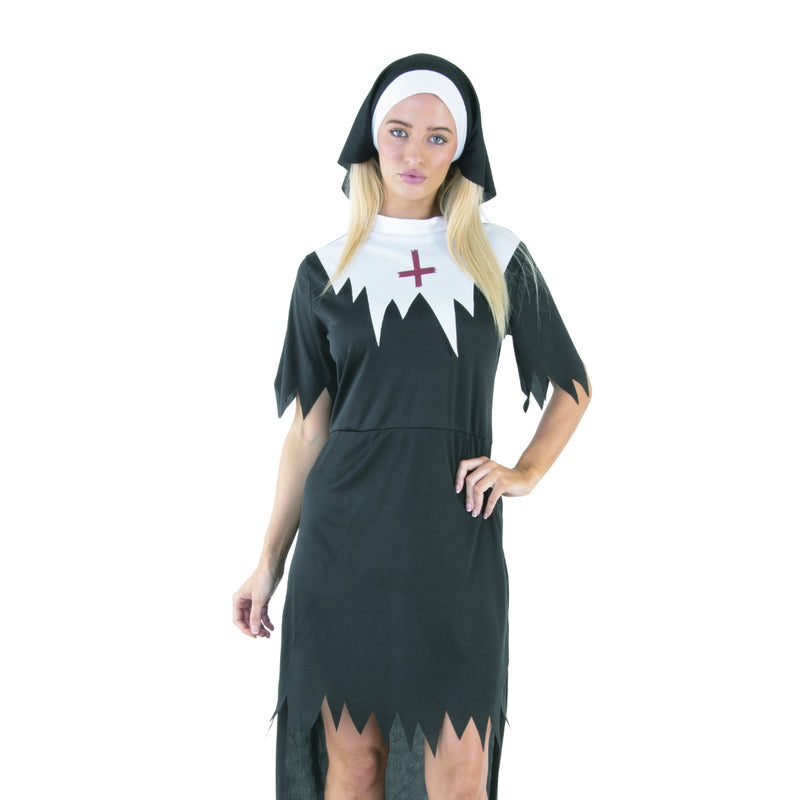 Adult wicked nun Halloween costume with dress and veil