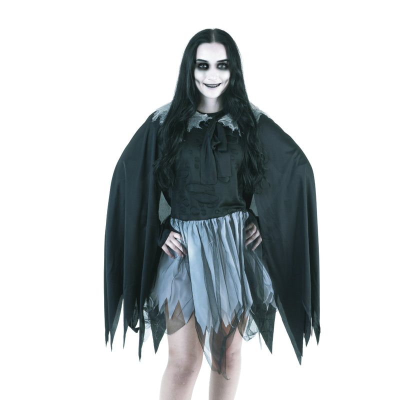 Adult Shadow Grim Reaper Halloween costume with hooded cape and dress