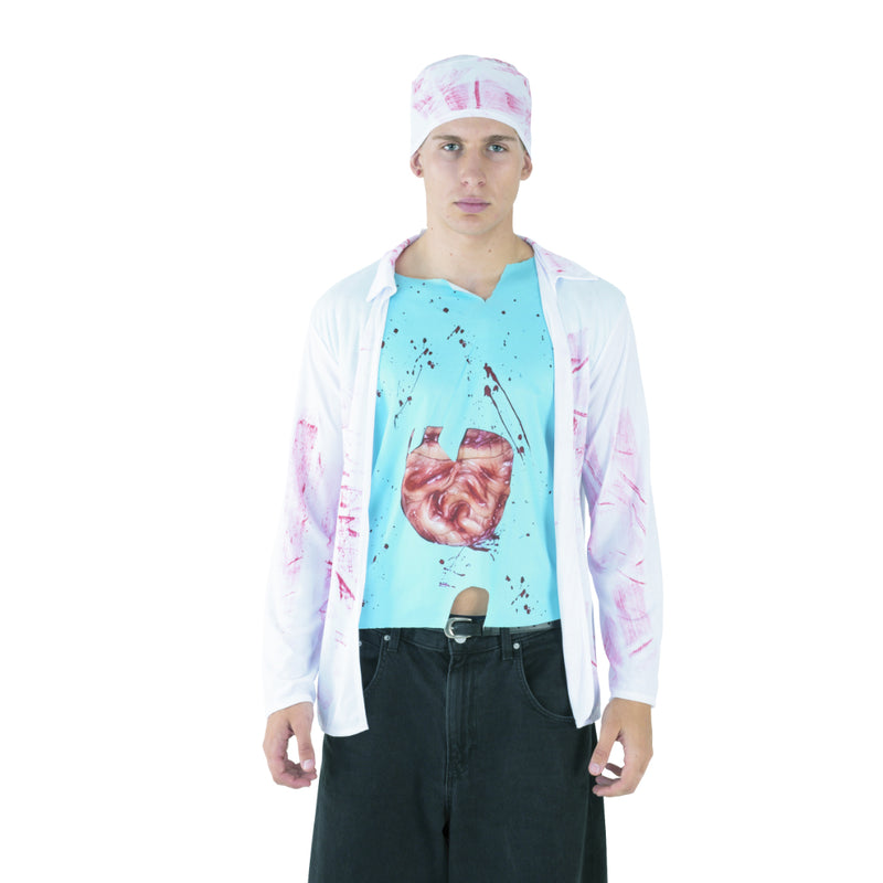 Adult bloody mad doctor Halloween costume with hat and top