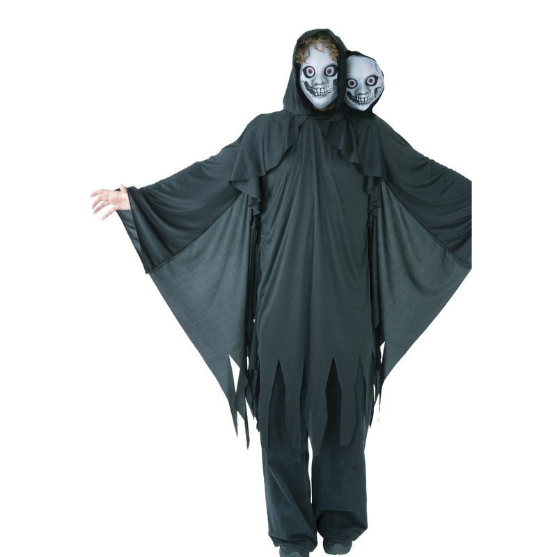 Adult two headed ghoul Halloween costume with hooded robe and two masks