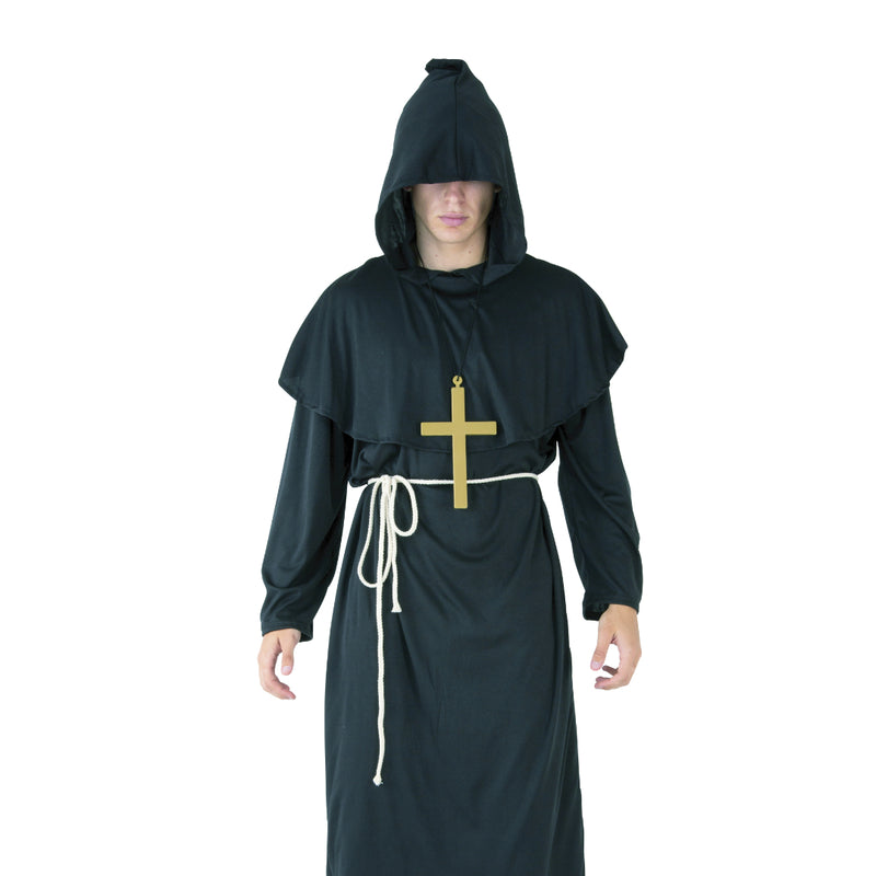 Adult dark ritual acolyte Halloween costume with hooded robe belt and cross necklace