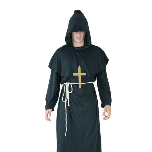 Adult dark ritual acolyte Halloween costume with hooded robe belt and cross necklace