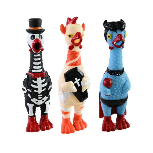 Assorted Spook N Squawk Halloween chicken novelty toys made from PVC
