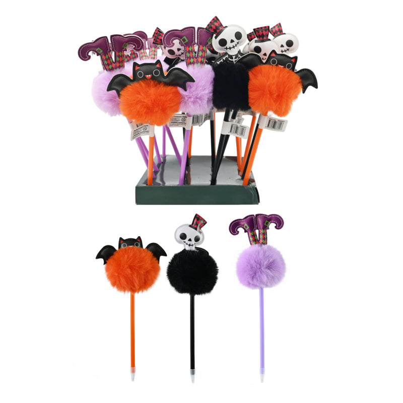 Assorted Boo puffy pom Halloween pens made from polyester and plastic